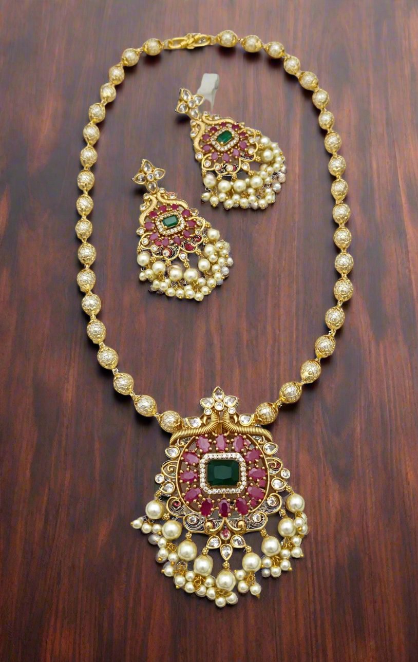 Premium Antique Pearl Beaded Mala Pendant Necklace