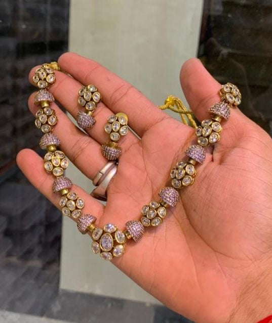 Exquisite Uncut Antique Matte -Premium Necklace with Earrings