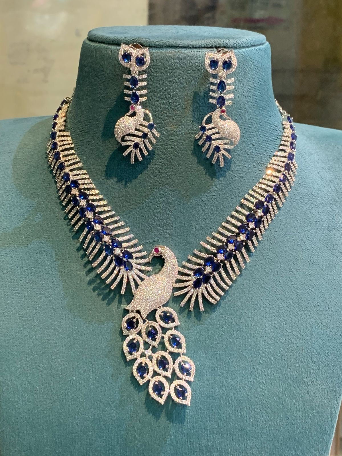 Unique Silver Finish CZ Stone Peacock Necklace Set with Earrings- Pink, Mint, Blue, White