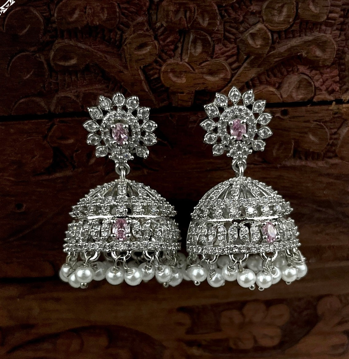 Cute Silver finish American Diamond Stone Jhumkas Earrings