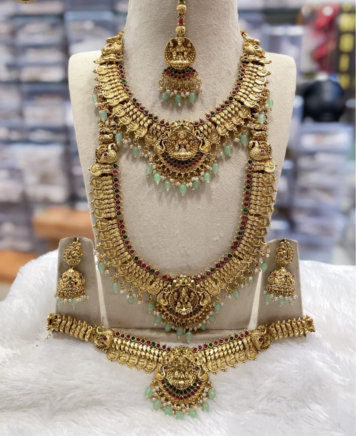Latest Temple Jewelry-Semi Bridal/ Bridesmaid Set with Lakshmi Kasu- Mint