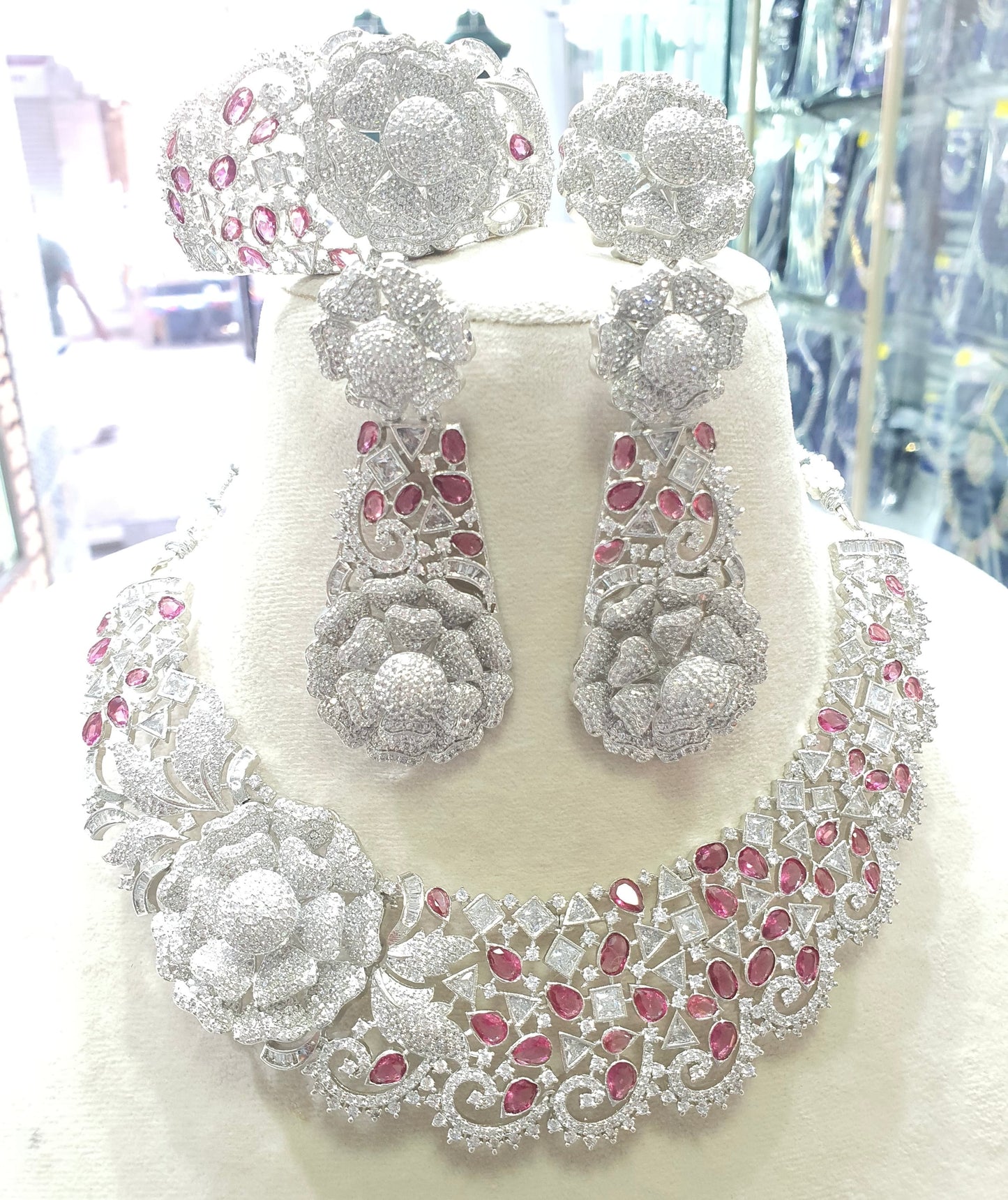 Grand Bridal Cz Stone Silver Necklace Set with Earrings, Bracelet and Ring