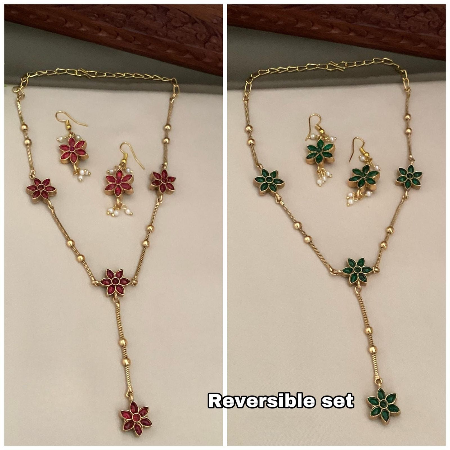 Stylish Two in 1 Reversible Matte Finish Necklace With Hook Earrings -Flower Design