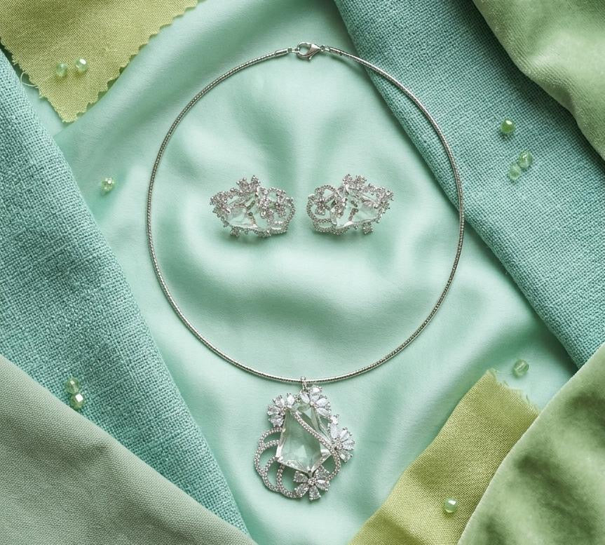 Premium Quality Silver Finish AD Pendant Necklace Set With Earrings