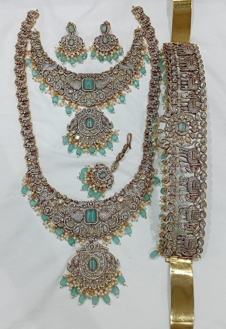 Elegant Victorian Finish Full Bridal Set Haram Necklace Set with Earrings- Mint