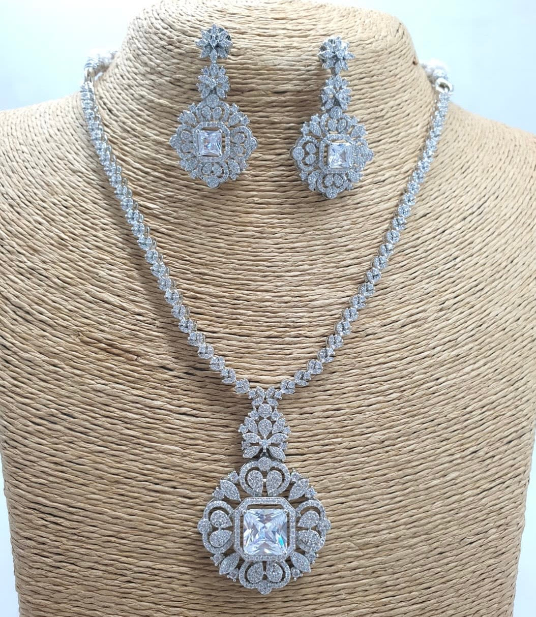 Trendy Minimalist AAA Cz Stone Necklace With Earrings - Premium Silver Polish