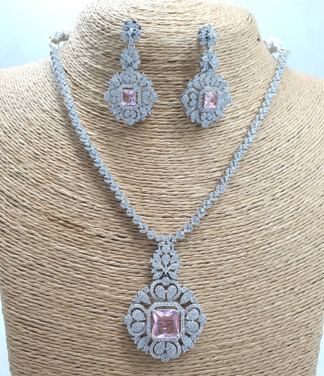 Trendy Minimalist AAA Cz Stone Necklace With Earrings - Premium Silver Polish