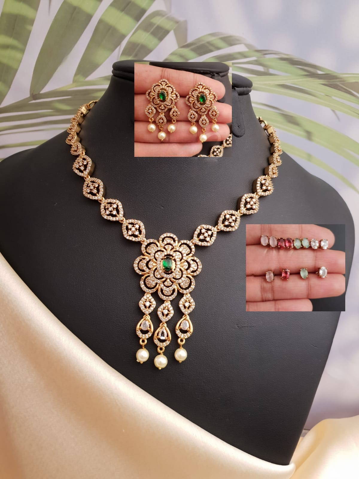 Premium American Diamond Stone Changeable 5 in 1 Necklace Set with