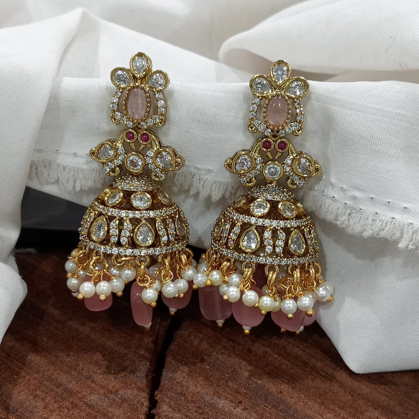 Stunning Premium Victorian AD Stone Jhumkas - Earrings- Green, Pink, Red, Mint or Red