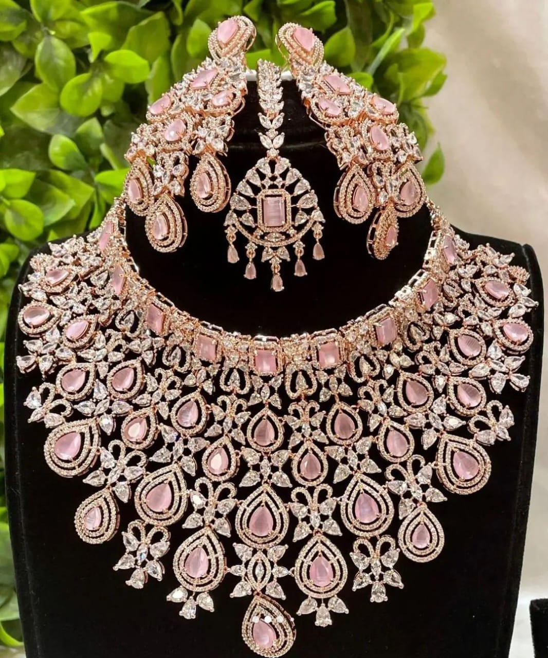 Unique CZ Stone Bridal Choker Necklace with Earrings and Tikka -Silver and RoseGold polish