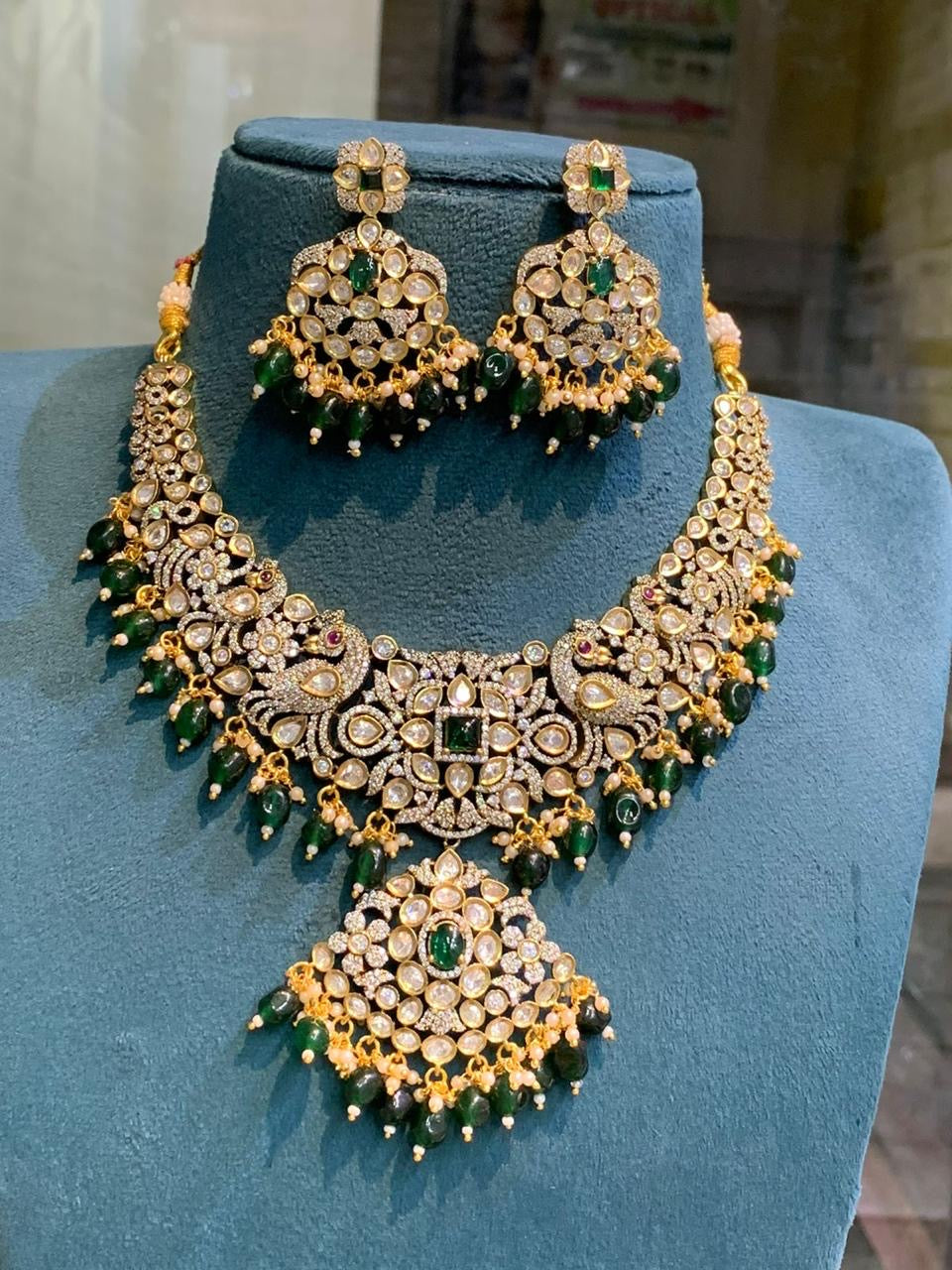 Bridal Victorian Opulence: Elegant Cz Stone Peacock Necklace with Earrings