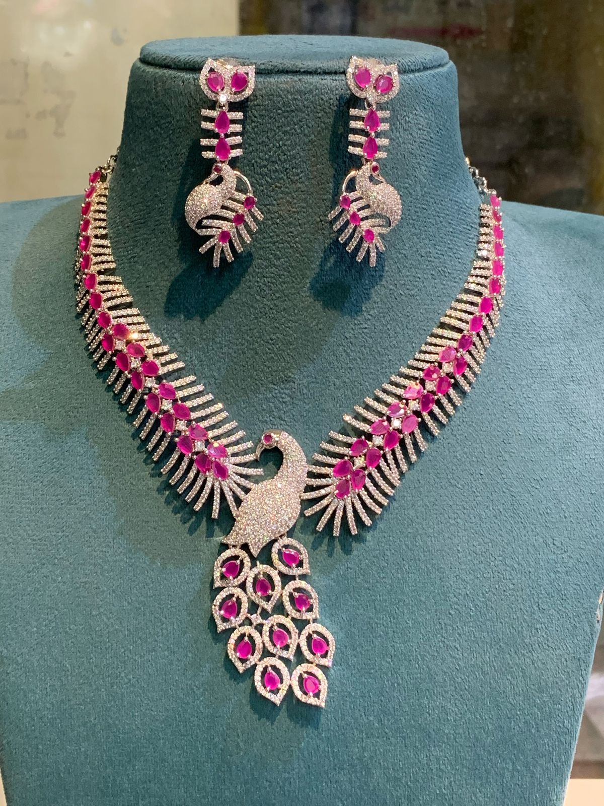 Unique Silver Finish CZ Stone Peacock Necklace Set with Earrings- Pink, Mint, Blue, White