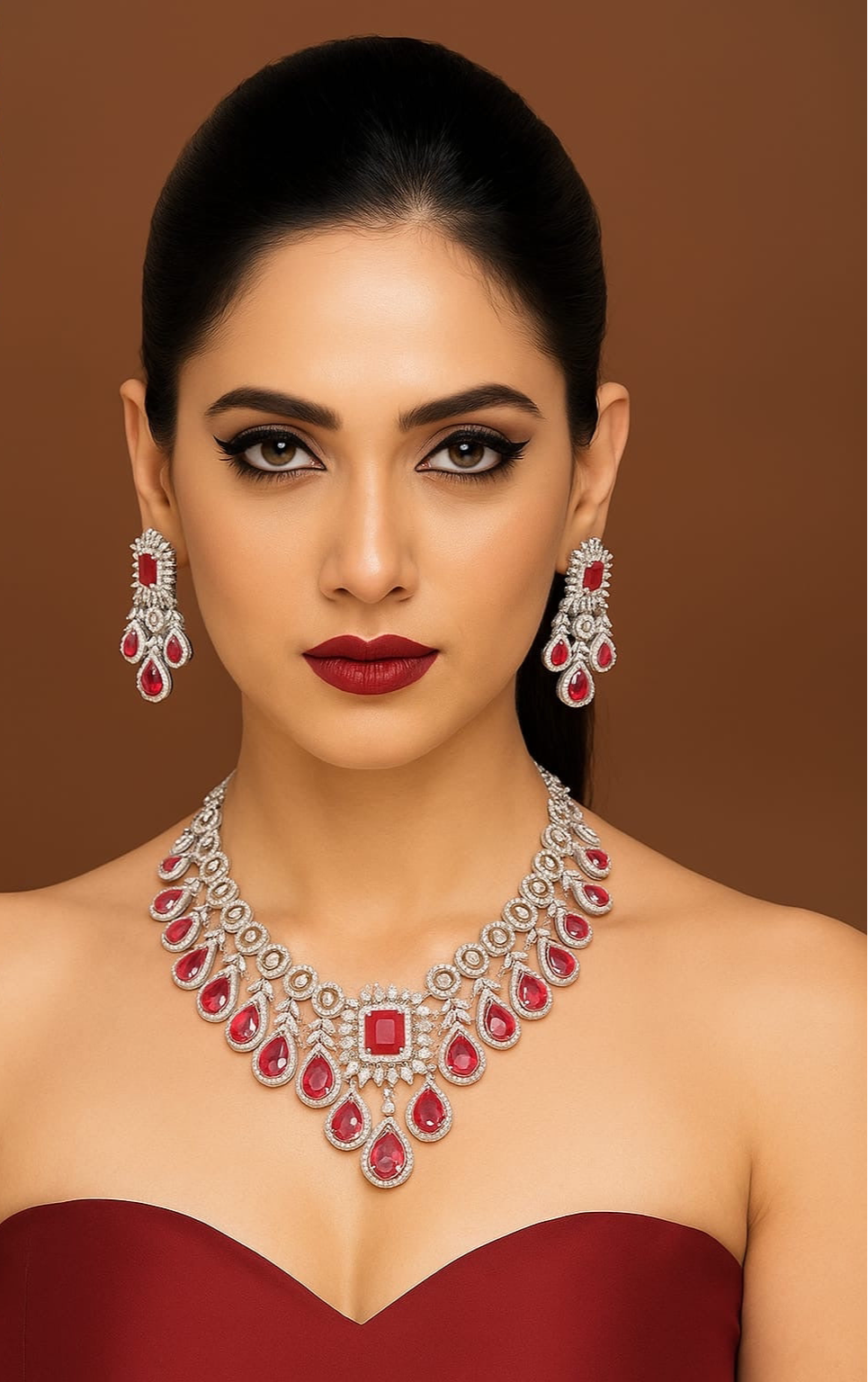 Bridal AD Stone Premium Silver Finish Necklace Set With Earrings -Red