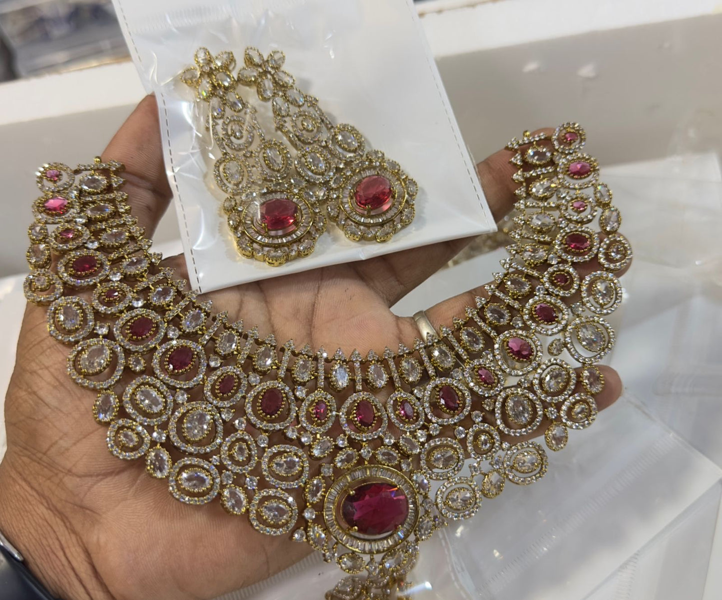 Elegant Bridal Victorian finish Cz Stone Necklace with Earrings- 1 Set