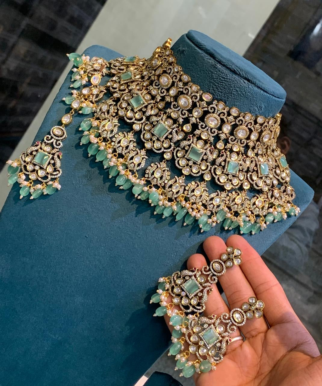 Unique Bridal Victorian Choker Necklace with Earrings and Tikka