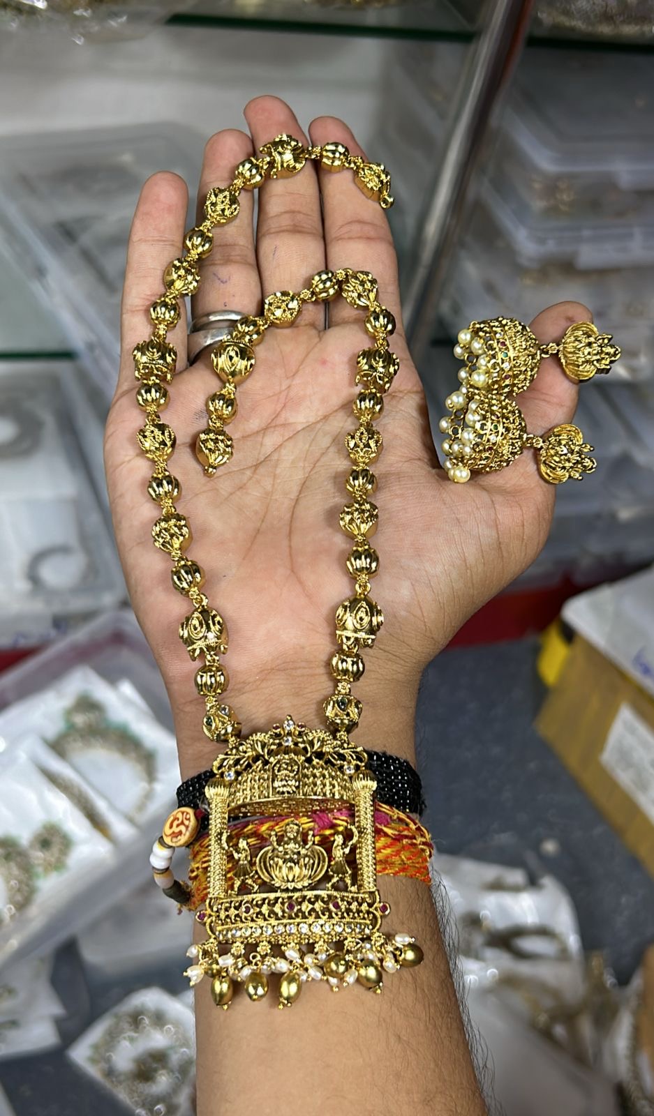 Premium Matte Finish Temple Jewelry Beads Haram Necklace with Jhumka Earrings