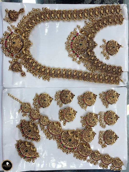 Premium Matte Finish Full Bridal Necklace Set With Earrings, Hipbelt, Tika, Jada