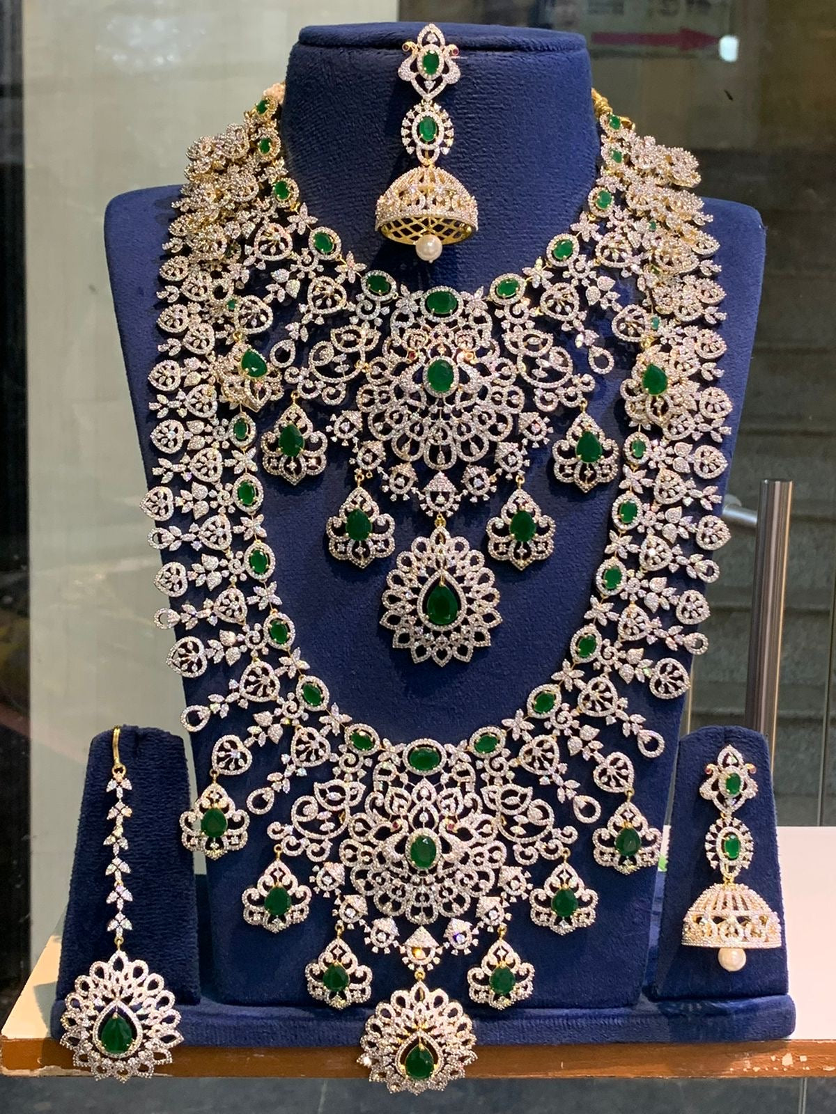 Grand Bridal CZ Stone Necklace Set with Earrings and Tikka -Premium GJ Polish
