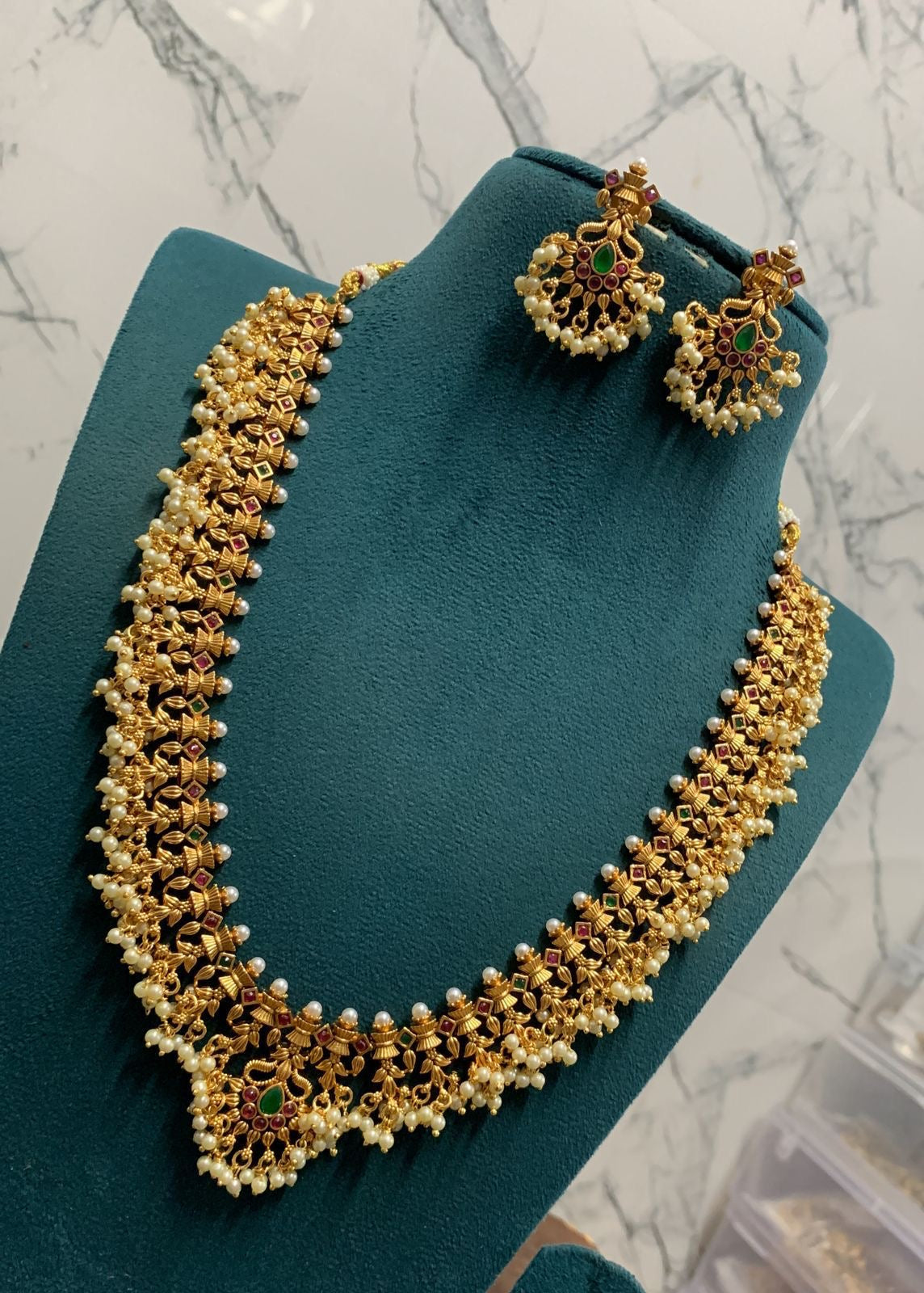Exquisite, Trending Kempu Guttapushalu Long or Short Necklace Set with Earrings
