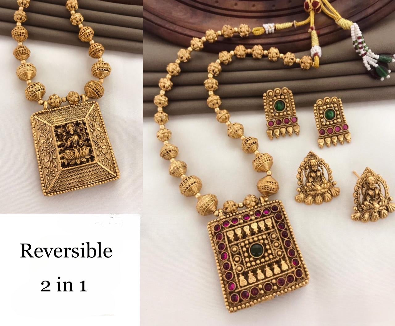 2 in 1 Matte Finish Lakshmi Beaded Necklace with Earrings - Temple Jewelry