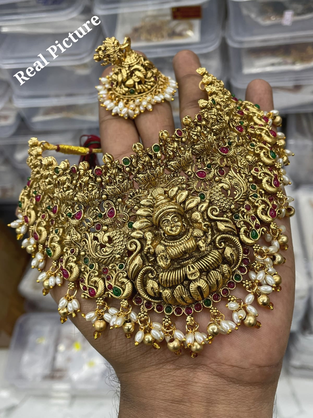 Bridal and Partywear Lakshmi Choker Necklace set- Temple Jewelry Choker with Rice Beads