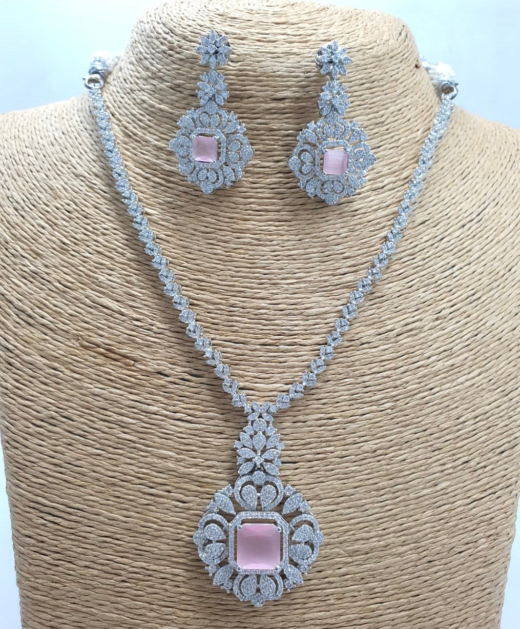 Trendy Minimalist AAA Cz Stone Necklace With Earrings - Premium Silver Polish