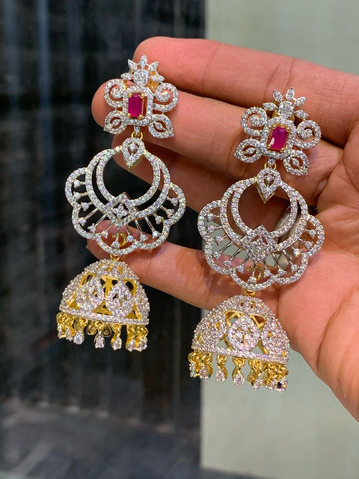Elegant Cz stone GJ polish Chandbali Jhumkas- Premium Quality