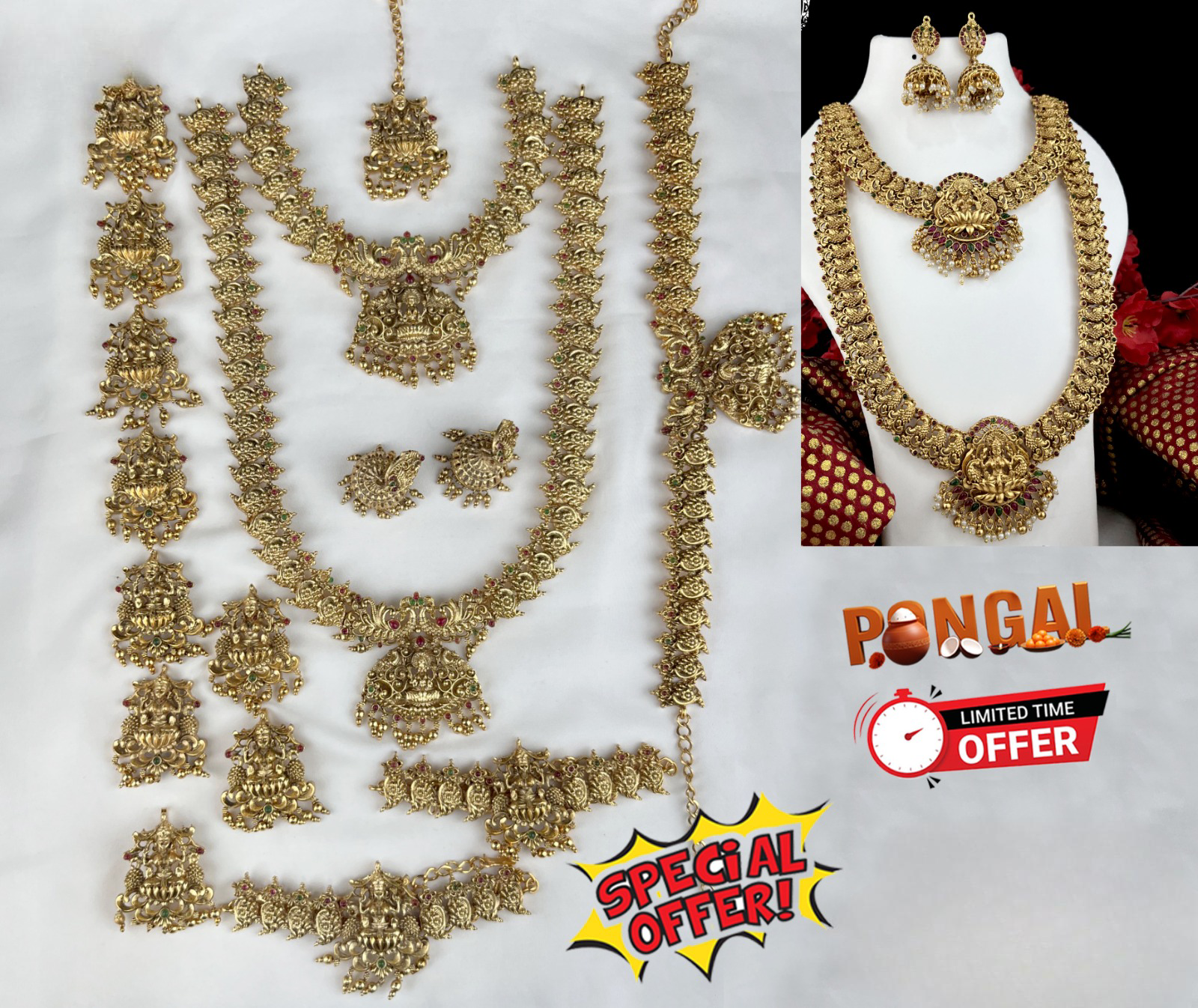 Latest Temple Jewelry Matte Full Bridal Set Haram Necklace Set