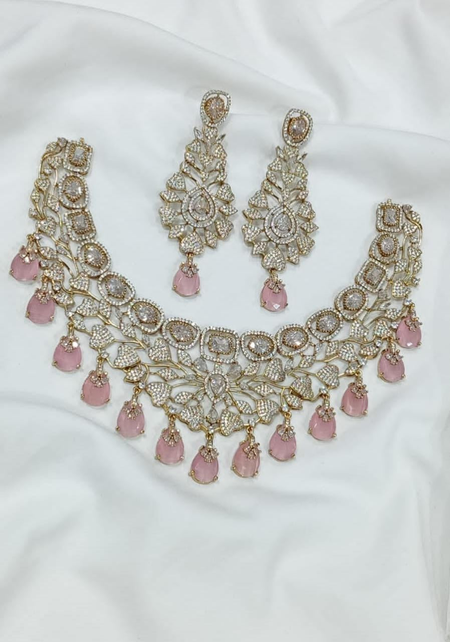 Elegant Victorian finish Cz Stone Choker Necklace with Jhumka Earrings