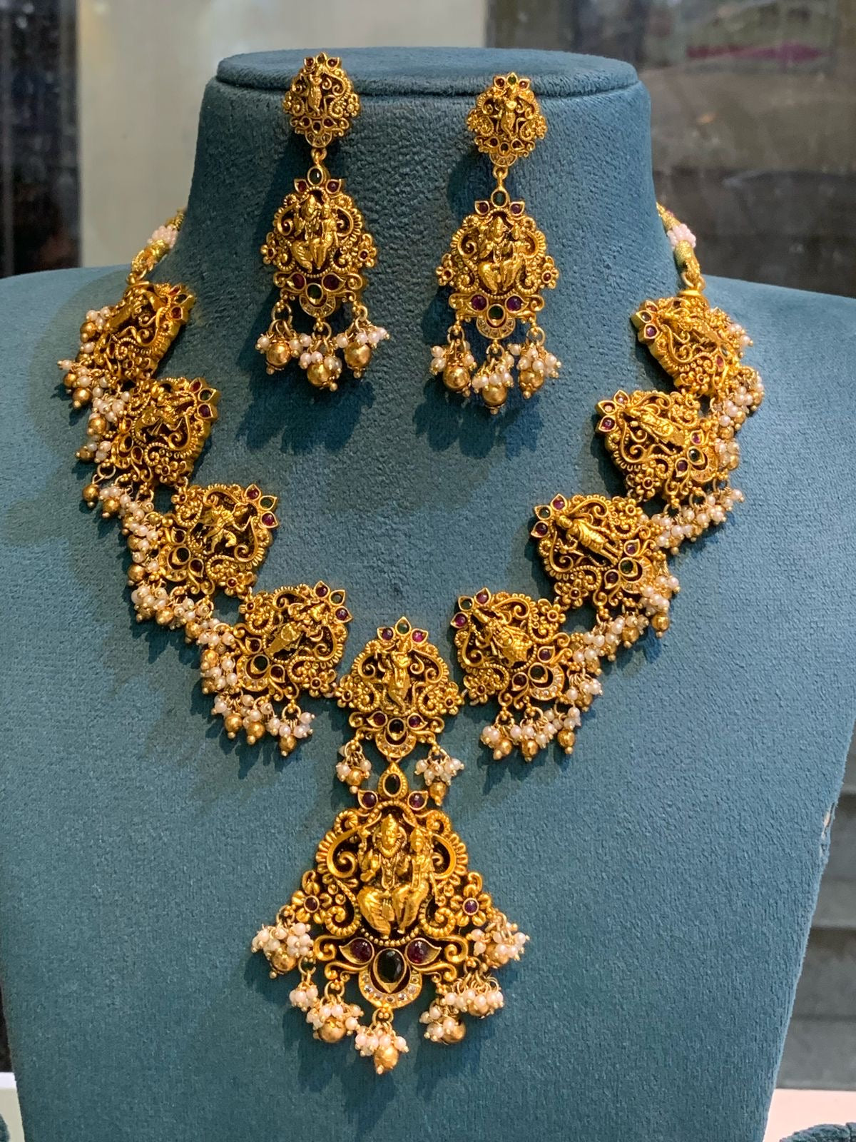 New Dhasavatar Temple Jewelry -Premium Antique Necklace Set with Earrings- Green or White Beads