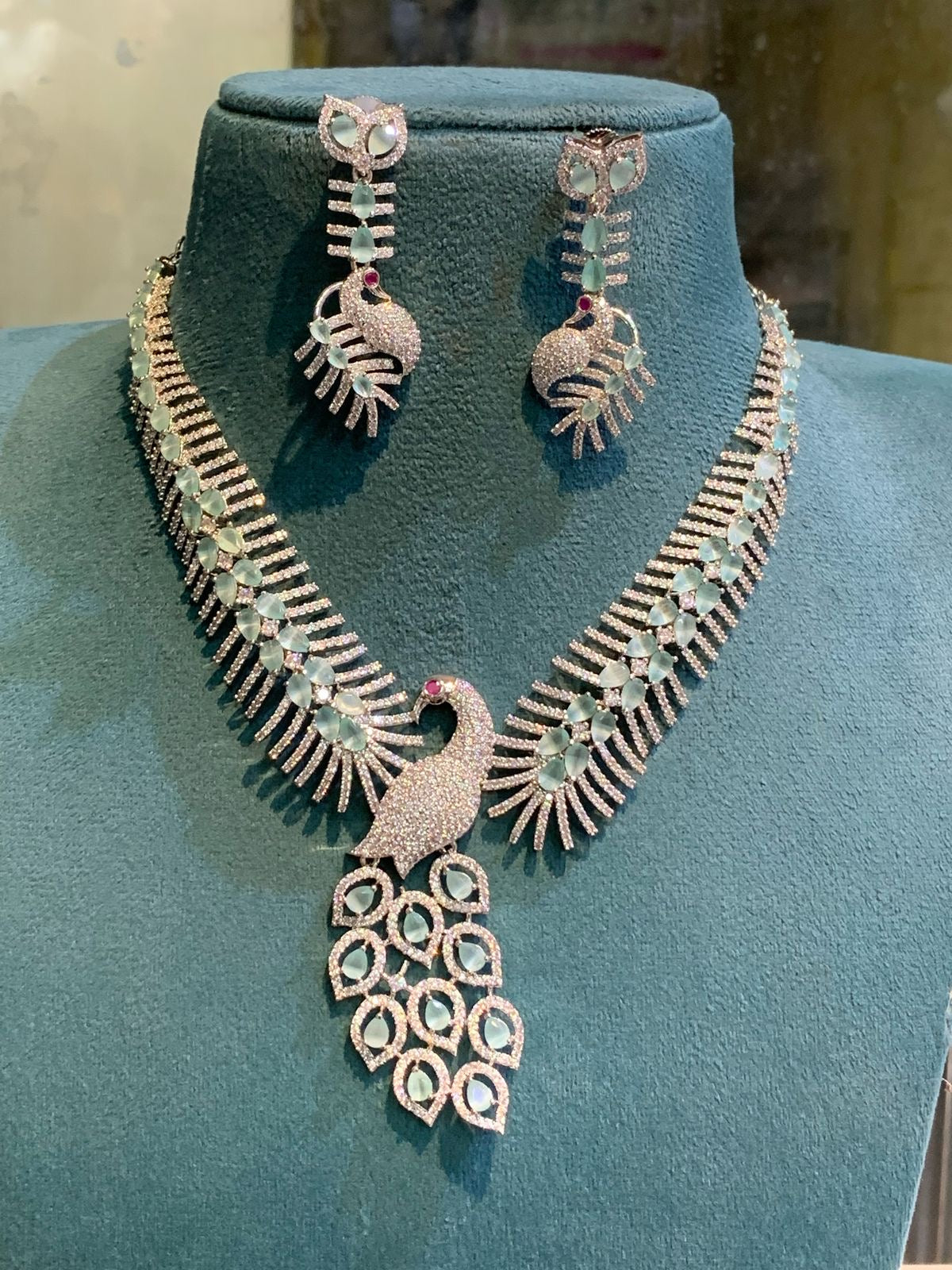 Unique Silver Finish CZ Stone Peacock Necklace Set with Earrings- Pink, Mint, Blue, White