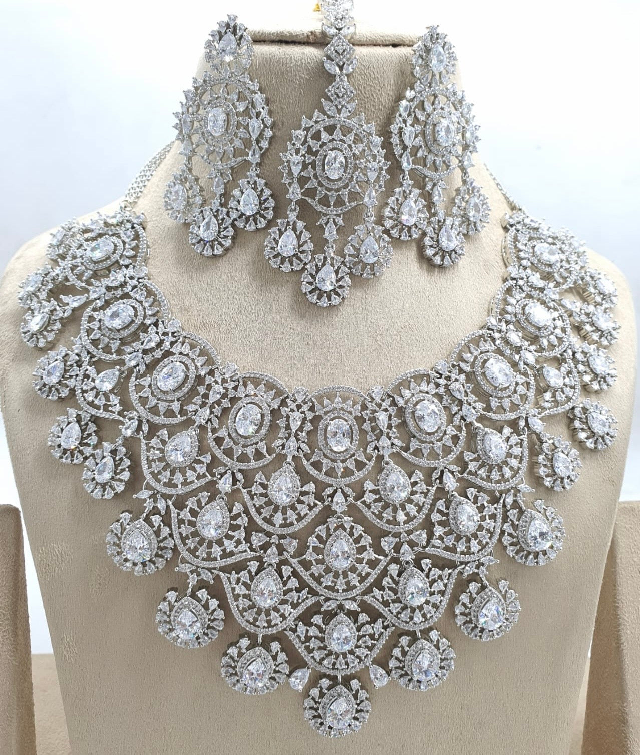 Elegant Cz Stone Bridal Necklace with Earrings, and Tikka -Premium Dual Tone