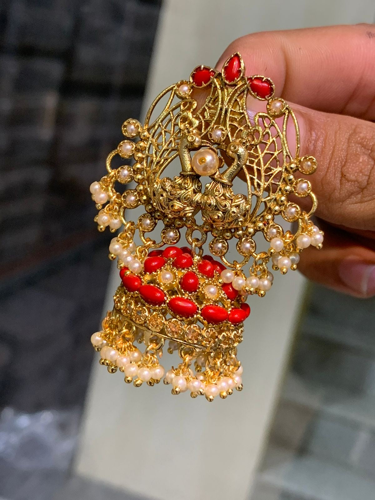 Premium Antique Bridal Jhumkas -Classy Peacock Motif Guttapushalu Earrings -Red