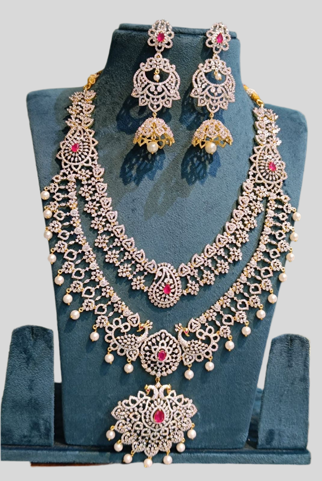 Grand GJ Polish Bridal Two Layer Long Necklace and Earrings -Featuring Peacock Motif