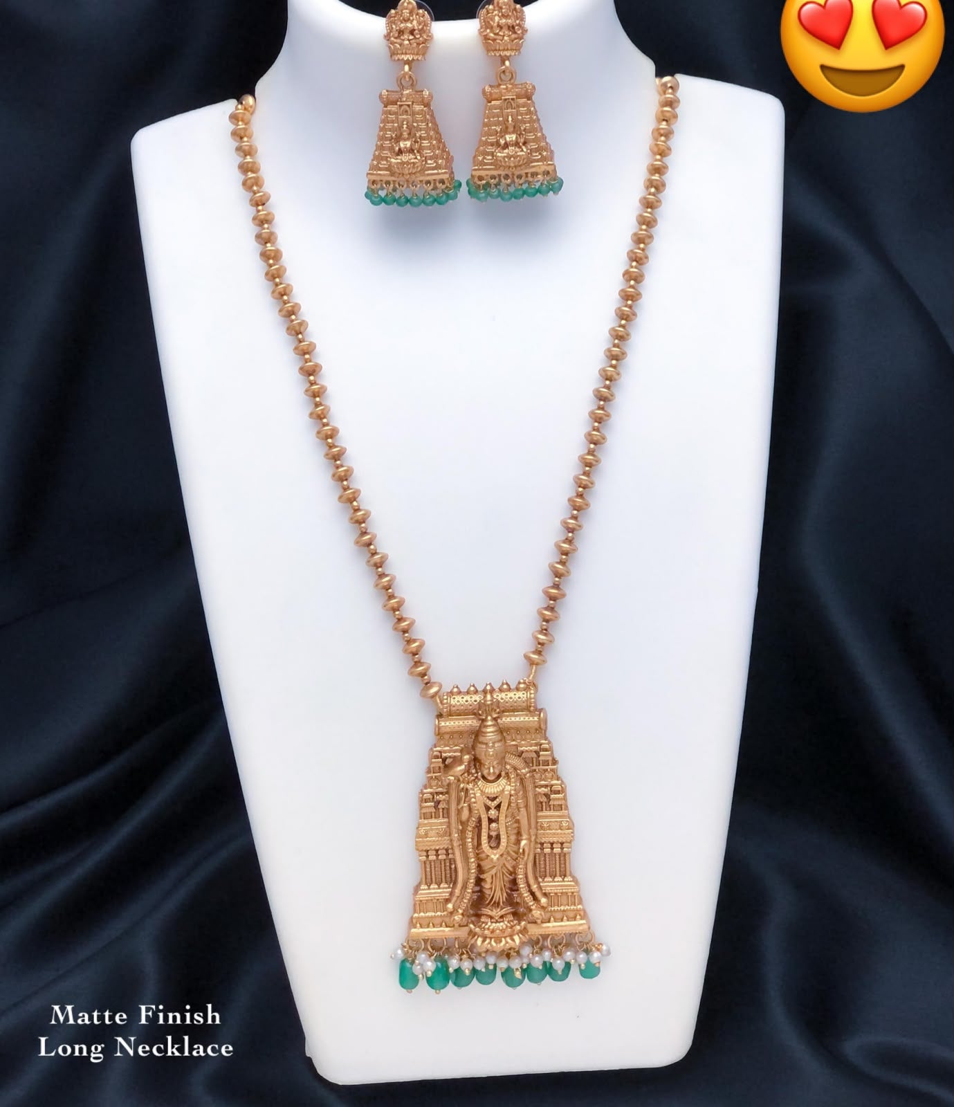 Bestselling Matte Temple Jewelry Haram Necklace With Earrings And Pendant- Green
