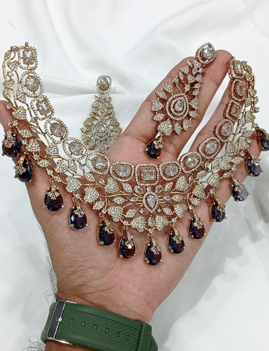 Elegant Victorian finish Cz Stone Choker Necklace with Jhumka Earrings