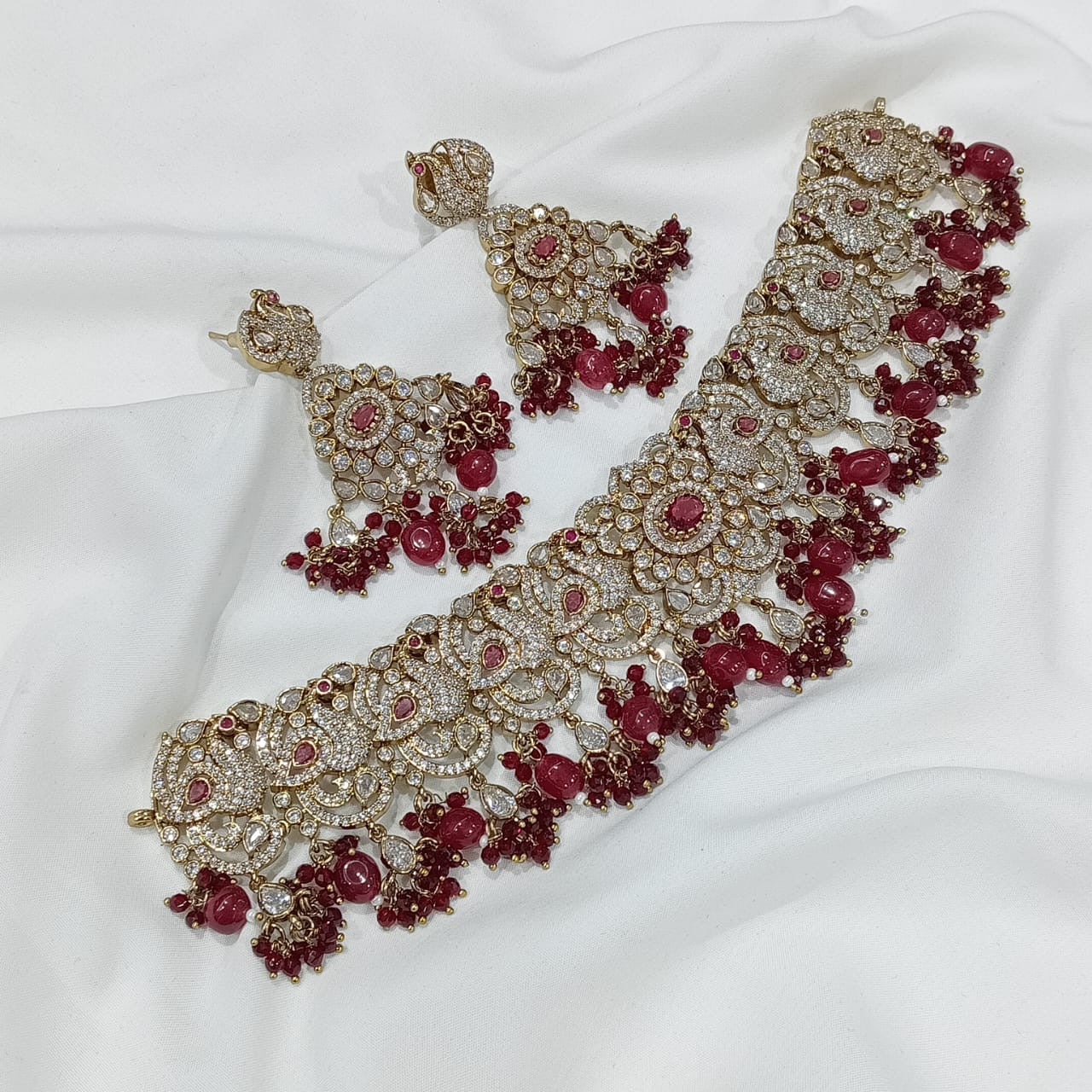 Elegant Bridal Victorian finish Cz Stone Necklace with Earrings- 1 Set