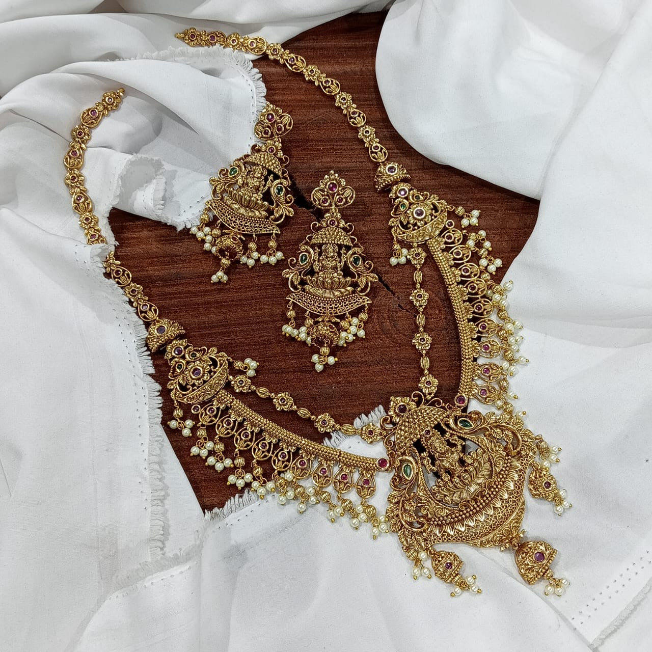 Premium Antique Matte Finish Layered Lakshmi Haram Long Necklace Earrings