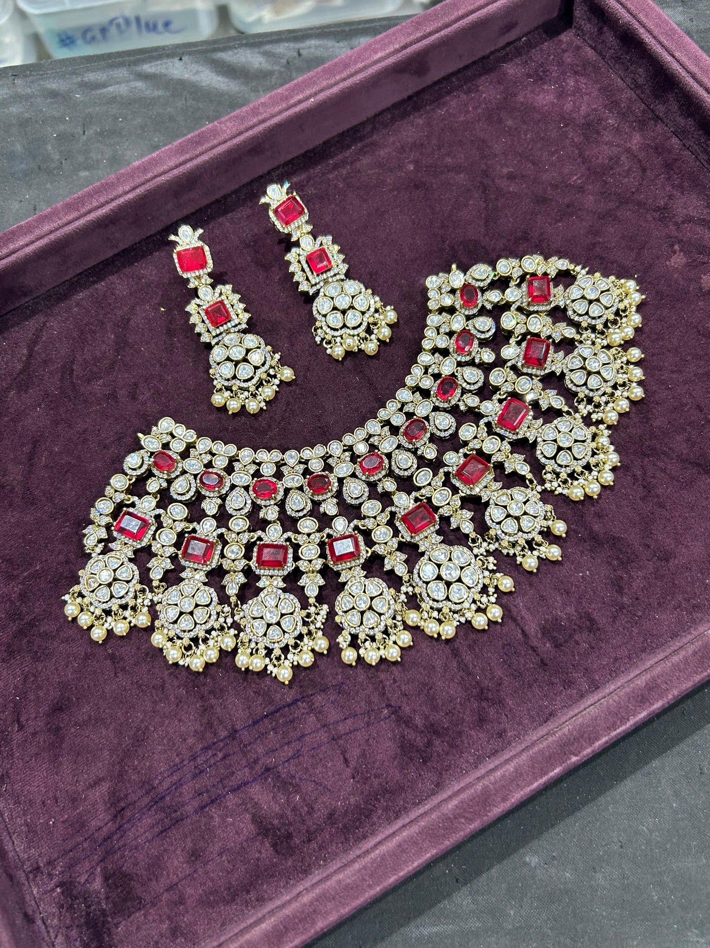 Exquisite Victorian Finish Moissanite Bridal Choker Necklace With Earrings- White, Pink, Green, Red