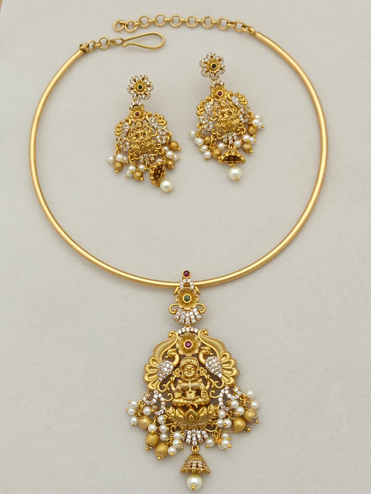 Premium Matte Finish Lakshmi Pendant Necklace Set with Kanti -Temple Jewelry