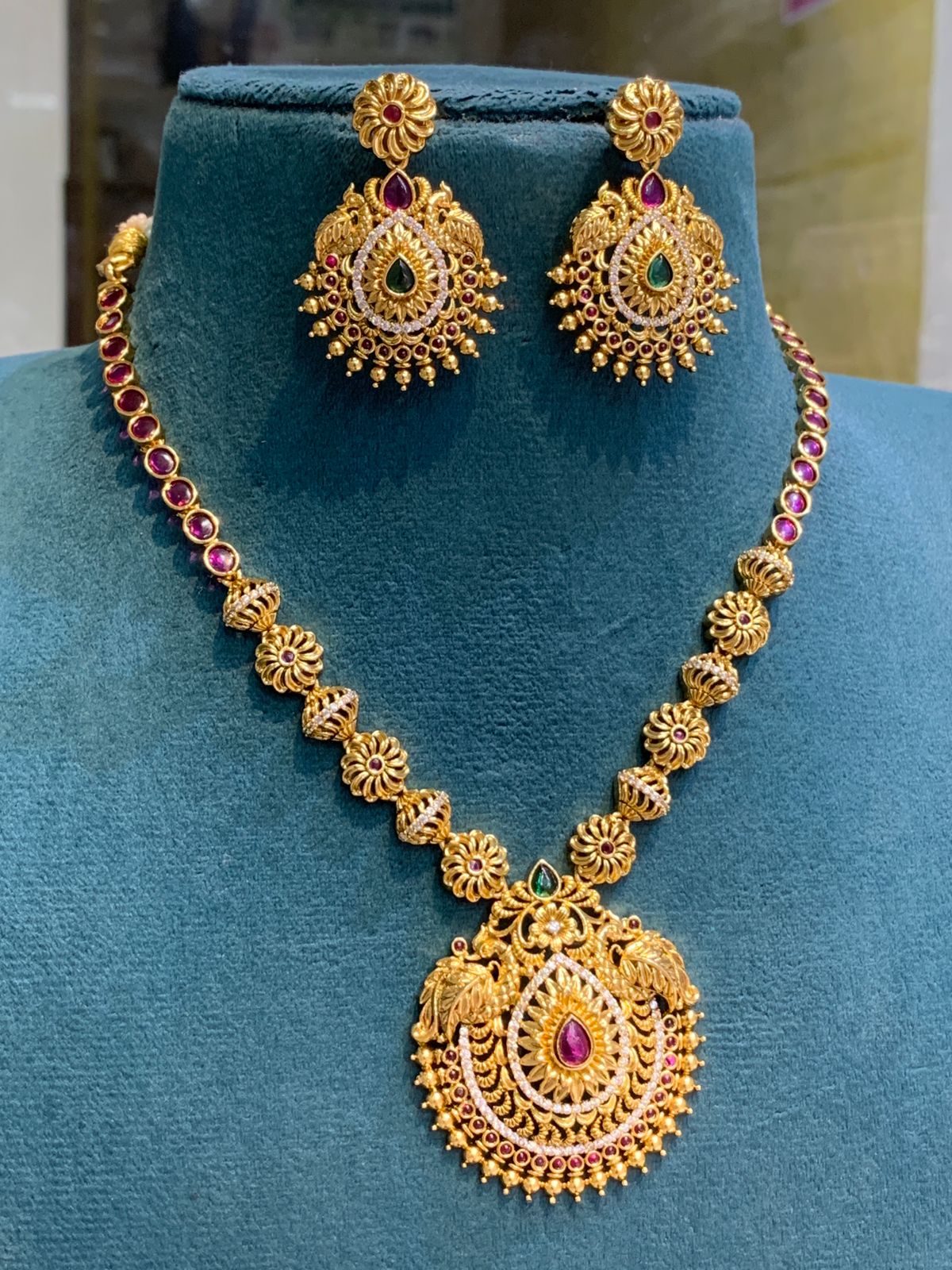 Premium American Diamond Stone Necklace Set with Earrings- Temple jewelry