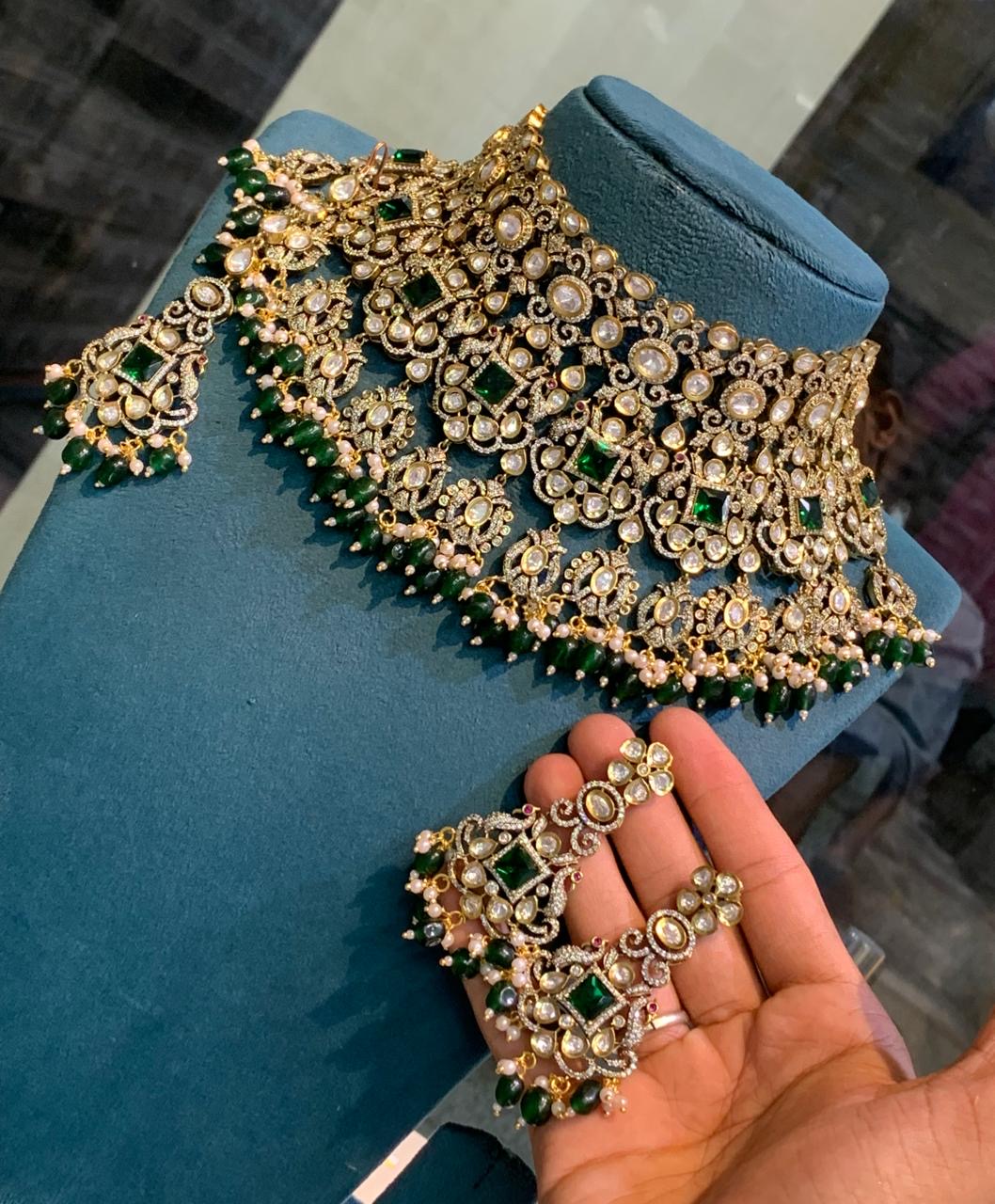 Unique Bridal Victorian Choker Necklace with Earrings and Tikka