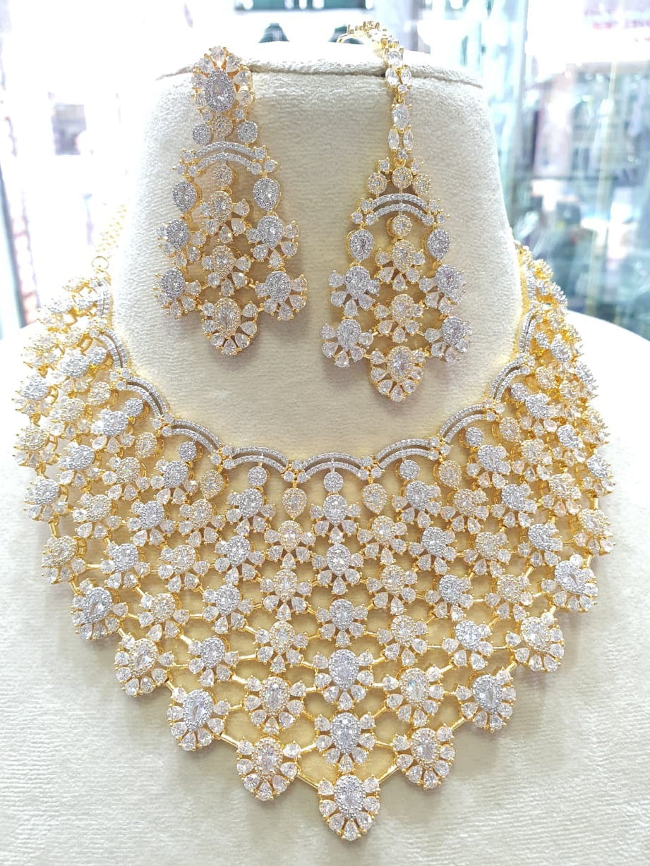 Elegant Cz Stone Bridal Necklace with Earrings, and Tikka -Premium Dual Tone