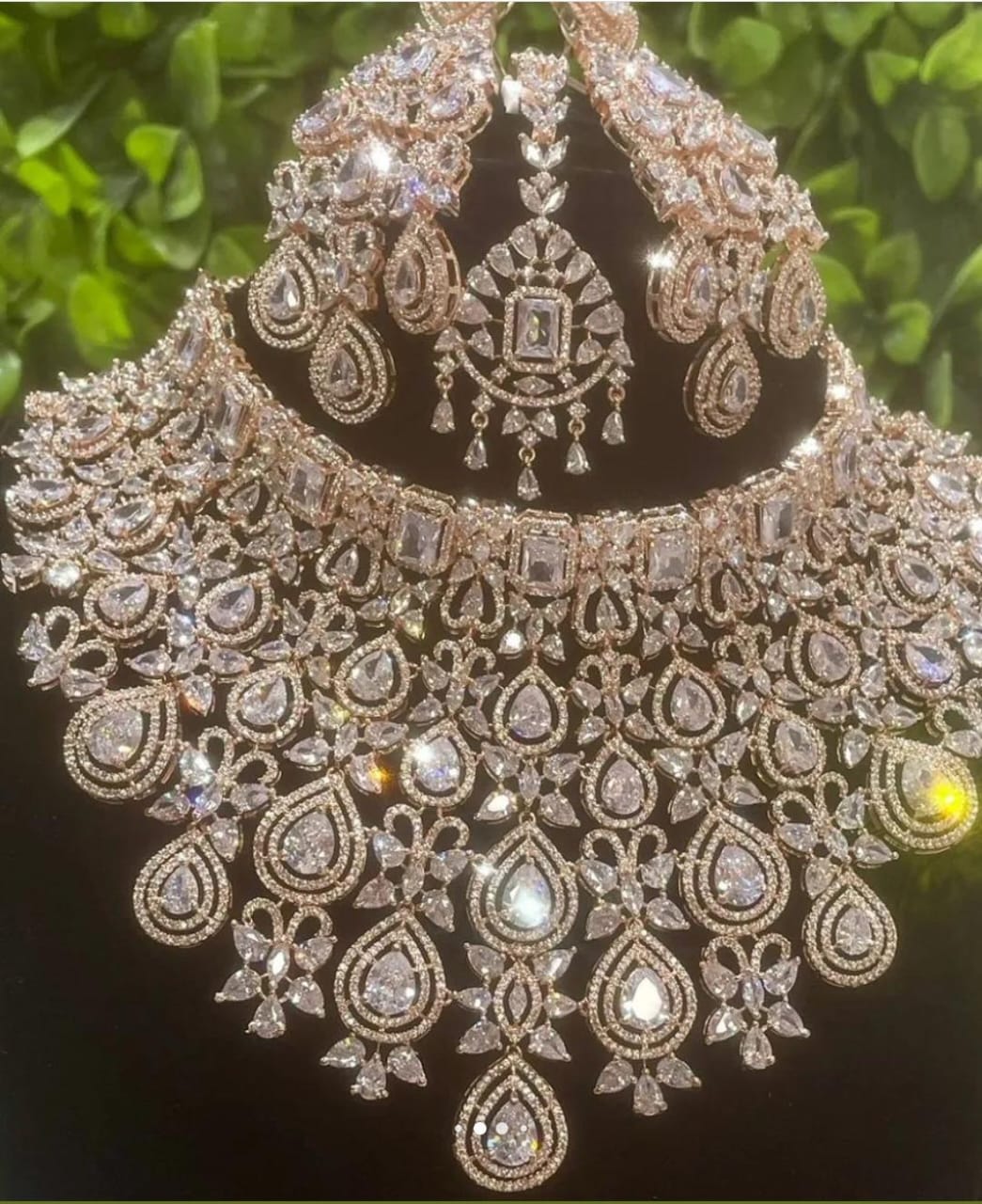 Unique CZ Stone Bridal Choker Necklace with Earrings and Tikka -Silver and RoseGold polish