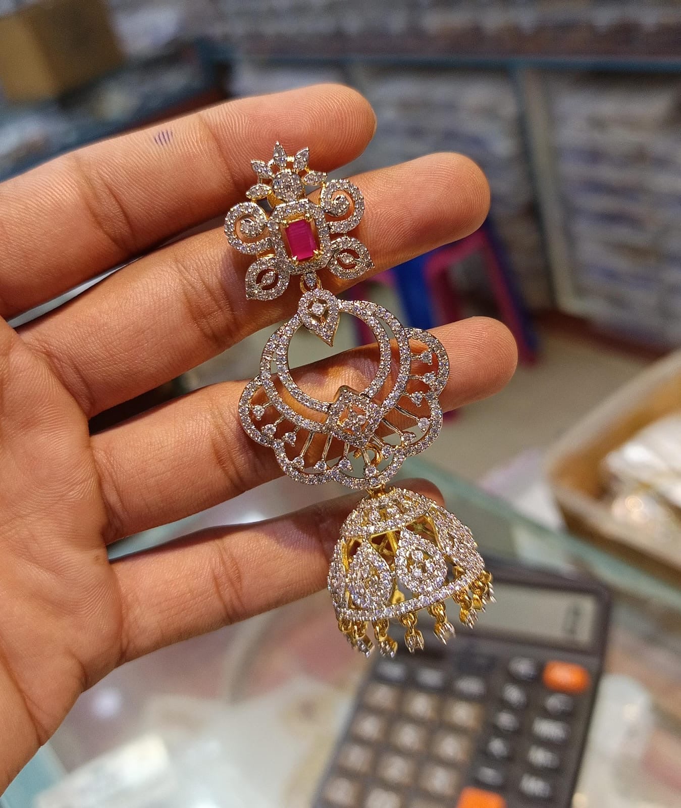 Elegant Cz stone GJ polish Chandbali Jhumkas- Premium Quality