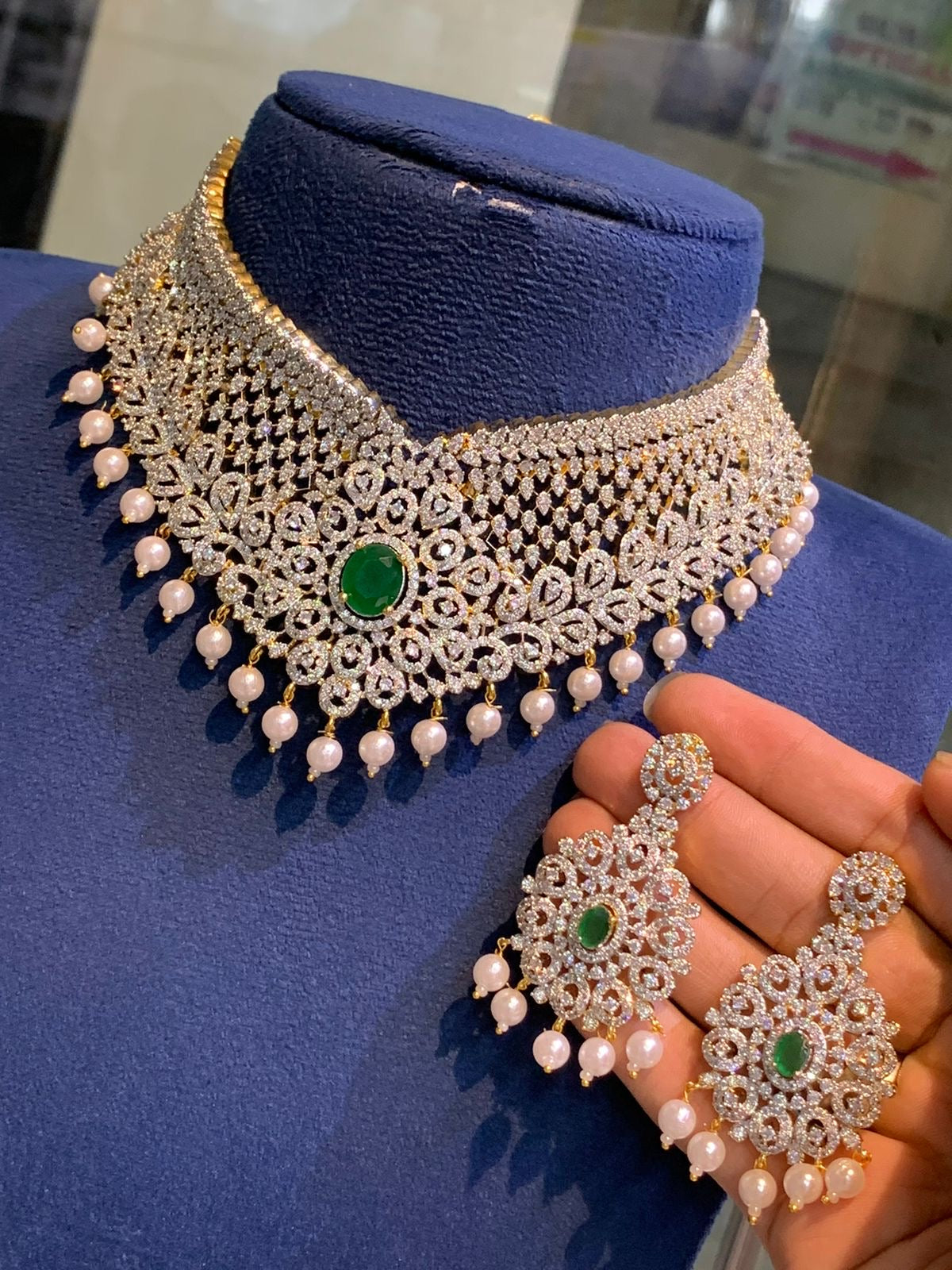 Trendy Cz Stone Choker Necklace with Earrings- Premium GJ Polish