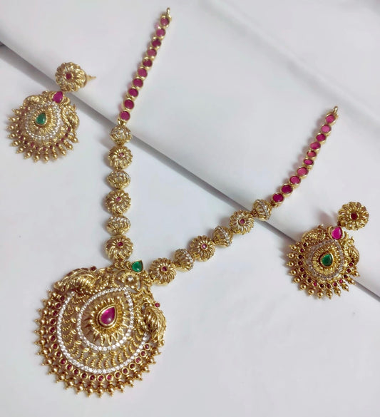 Premium American Diamond Stone Necklace Set with Earrings- Temple jewelry