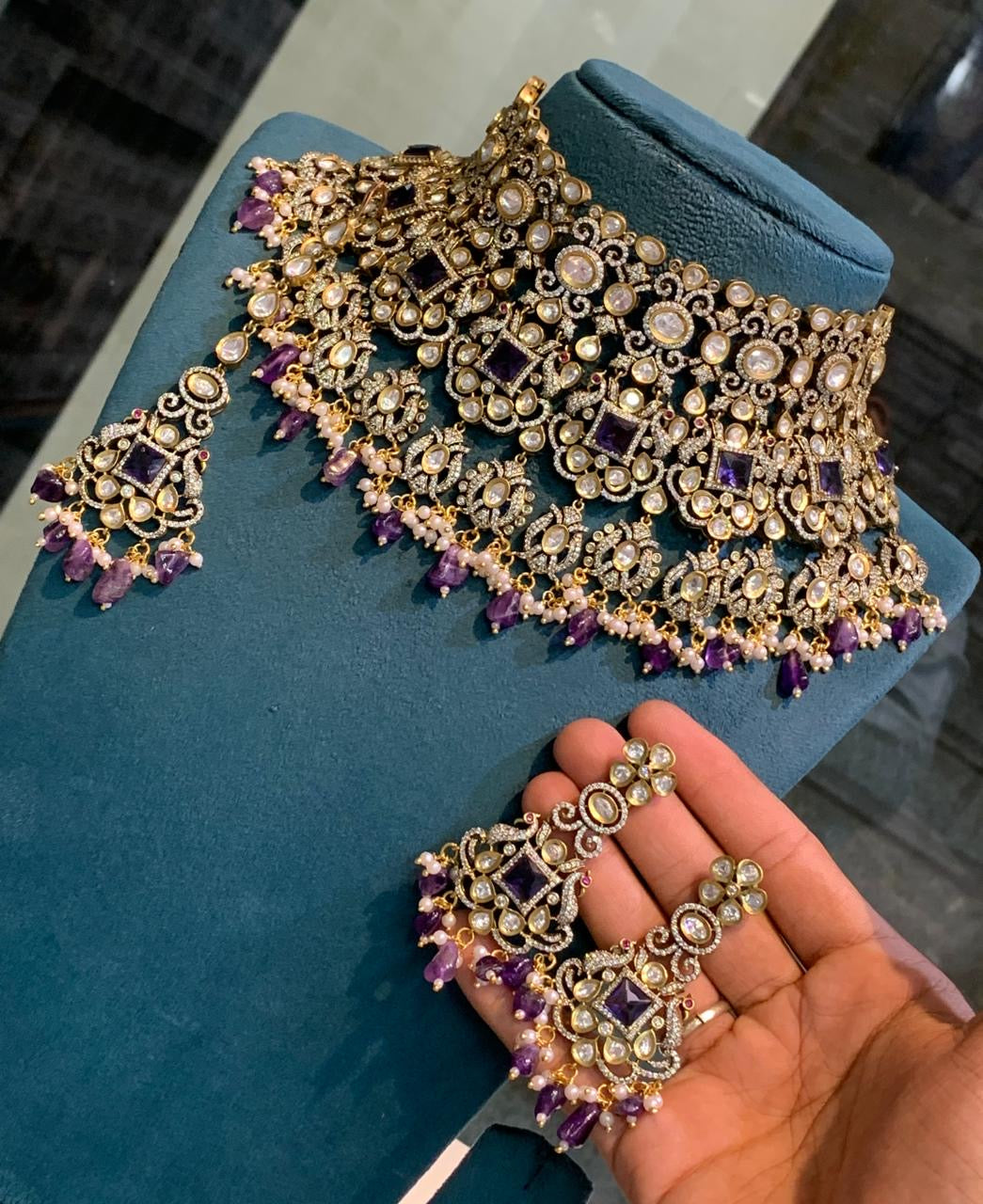 Unique Bridal Victorian Choker Necklace with Earrings and Tikka