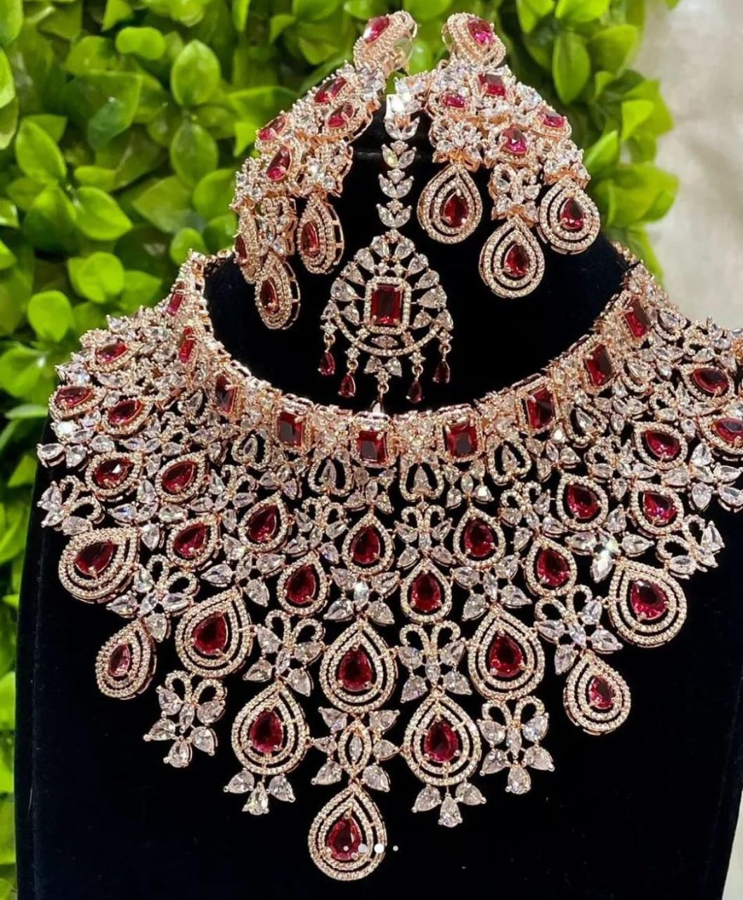 Unique CZ Stone Bridal Choker Necklace with Earrings and Tikka -Silver and RoseGold polish