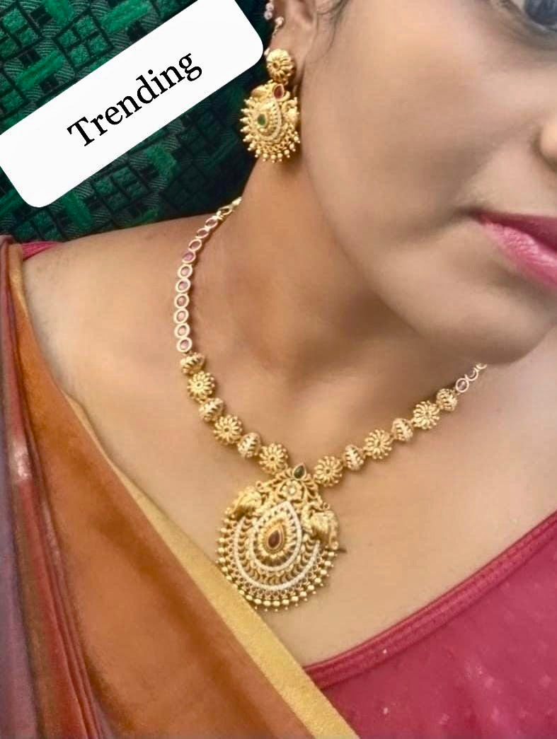 Premium American Diamond Stone Necklace Set with Earrings- Temple jewelry